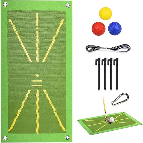 INF Golf Swing Træningsmåtte med Pløkker, Kugle, Karabinhage - 25x50 cm