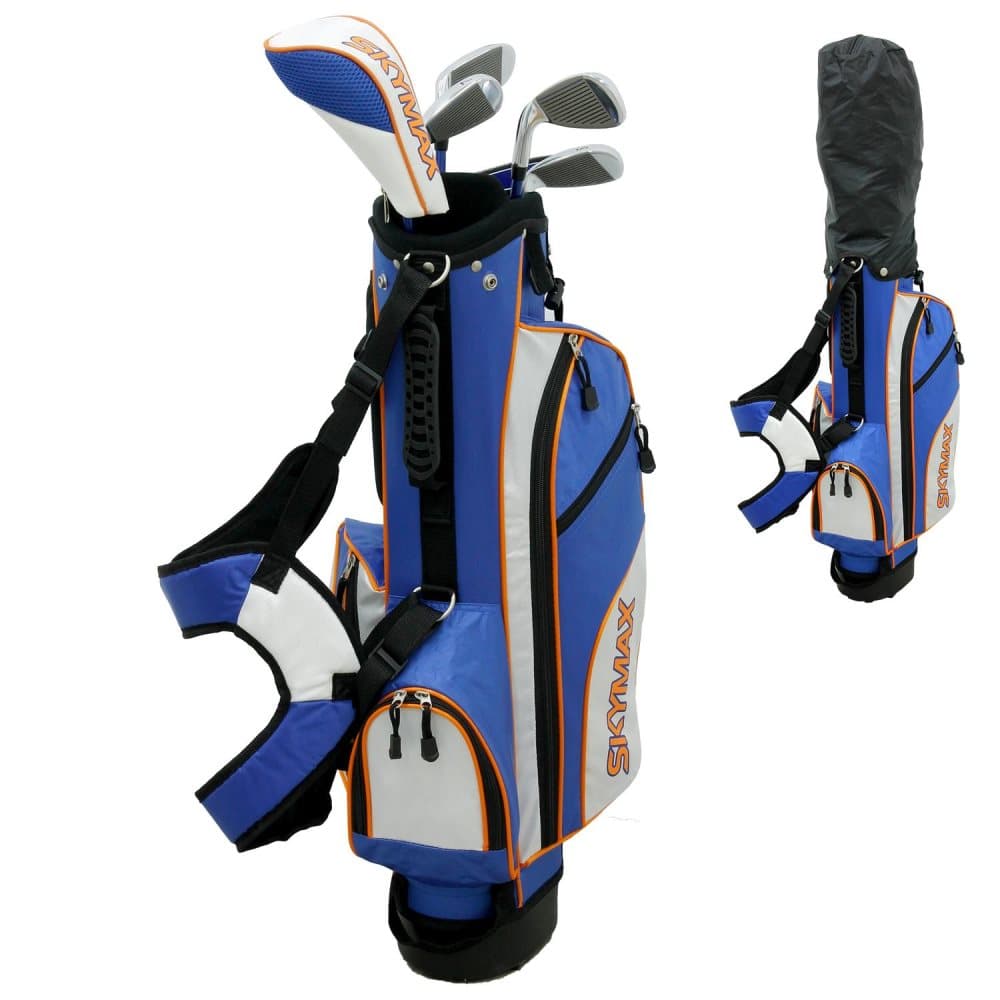 Skymax Junior Set Golfväska med 6 golfklubbar, blåvita, golf cadddybag barn set 6-9 Rh med 4 fack och regnskydd, vattentät, Golfbag Standbag