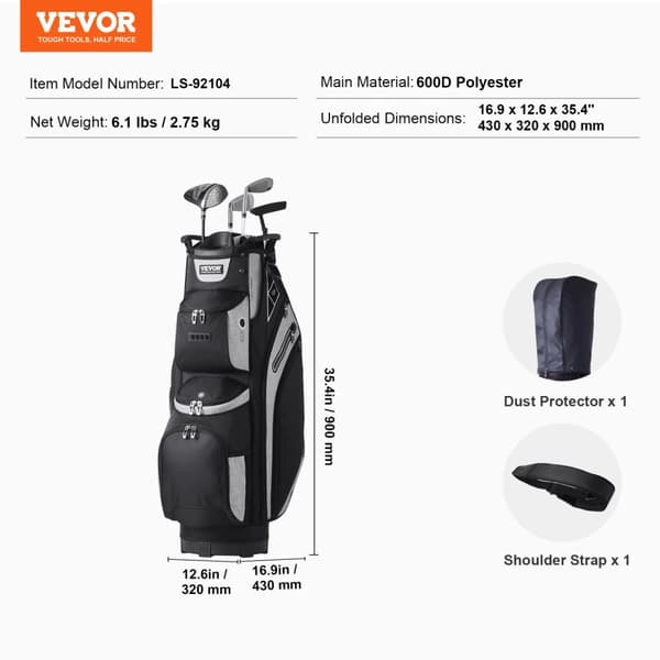 Golfvognstaske, 14-vejs organiseringsskillevæg, holdbart 600D polyester,36 tommer