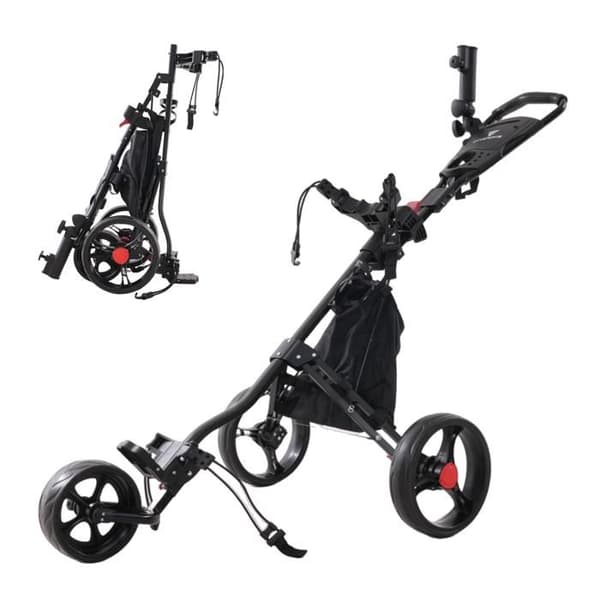 CITYSPORTS Fällbar Golfvagn med 3 Hjul - Justerbart Handtag - Avtagbart Paraplyställ - Svart Väska