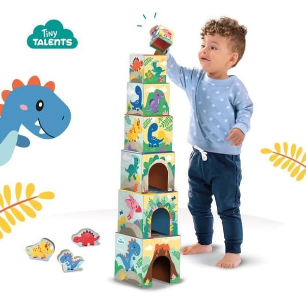 Stapelbart klosstorn med dinosauriefigurer - Skicklighetsspel - SES CREATIVE - Stapelbart torn med 3 dinosauriefigurer.