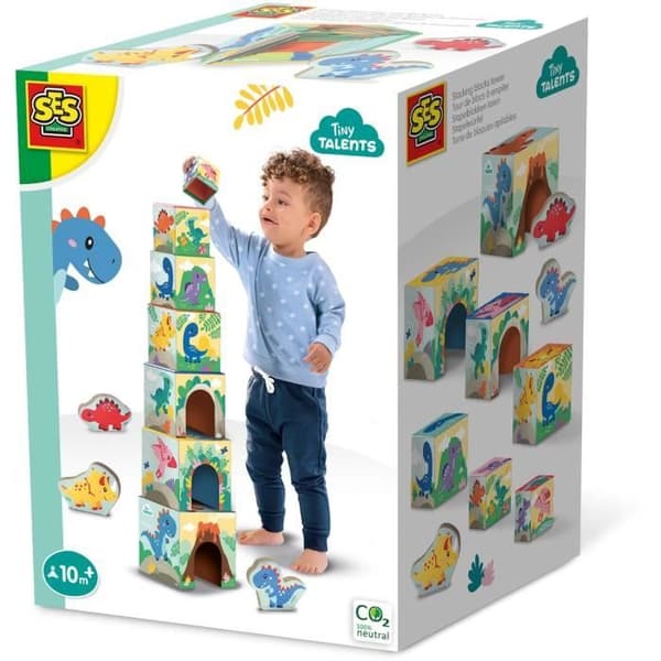Stapelbart klosstorn med dinosauriefigurer - Skicklighetsspel - SES CREATIVE - Stapelbart torn med 3 dinosauriefigurer.