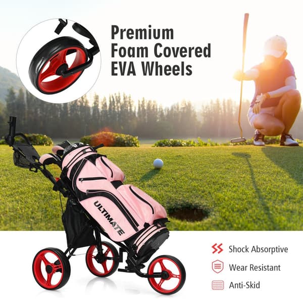 Golfvagn med tre hjul, hopfällbar golfvagn med säte, poängtavla och justerbart handtag, 51''x 29.5'' x 39''-45.5'', röd