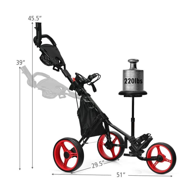 Golfvagn med tre hjul, hopfällbar golfvagn med säte, poängtavla och justerbart handtag, 51''x 29.5'' x 39''-45.5'', röd