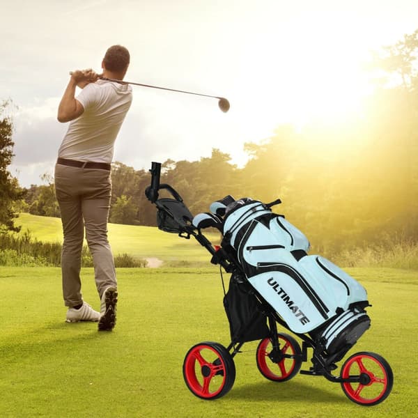 Golfvagn med tre hjul, hopfällbar golfvagn med säte, poängtavla och justerbart handtag, 51''x 29.5'' x 39''-45.5'', röd