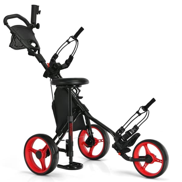 Golfvogn med 3 hjul, sammenklappelig golfvogn med sæde, scoreboard og justerbart håndtag, 51'' x 29,5'' x 39''-45,5'', rød