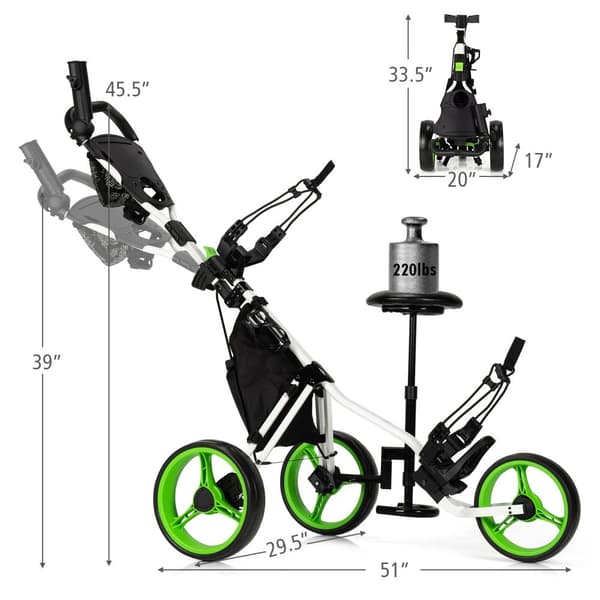 Golf Push Cart, 130x75x99-116 cm, Grøn