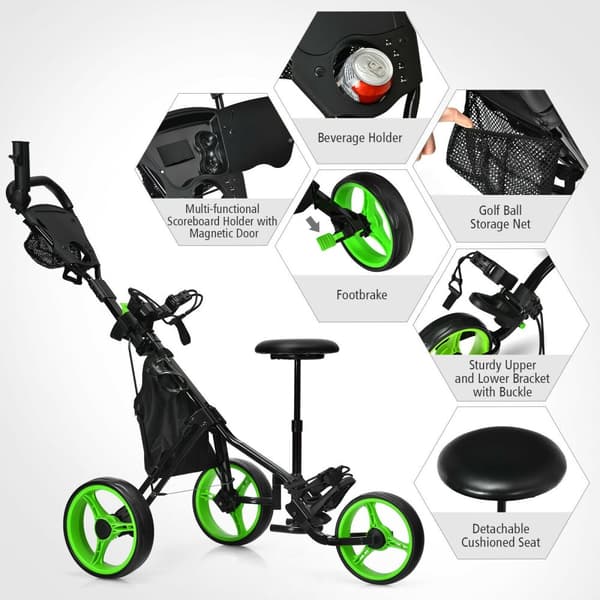 Golf Push Cart, 130x75x99-116 cm, Grøn