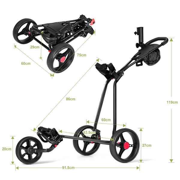 Golfvogn, Costway 3 Hjul Sammenklappelig, 134x60x116 cm, Sort