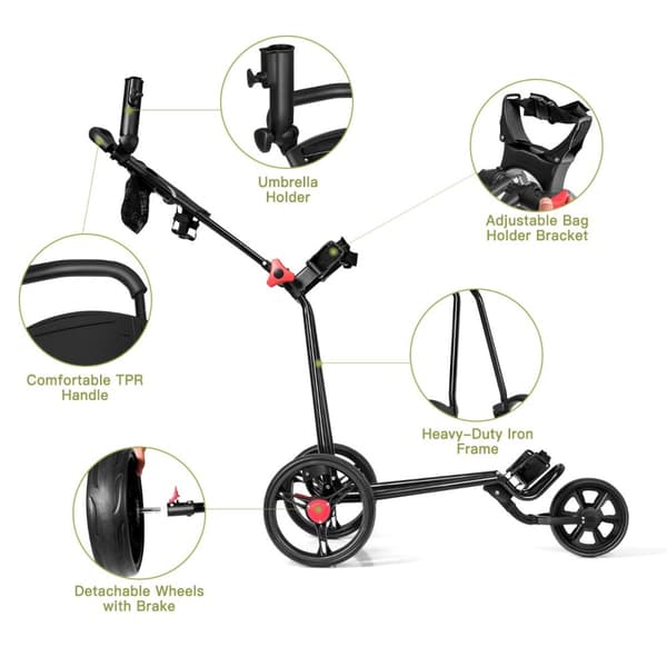 Golfvogn, Costway 3 Hjul Sammenklappelig, 134x60x116 cm, Sort