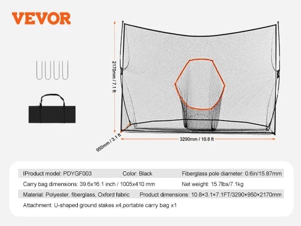 VEVOR Golf Träningsslagnät, 10.8x7.1 fot storlek, hållbart material,10x7 fot