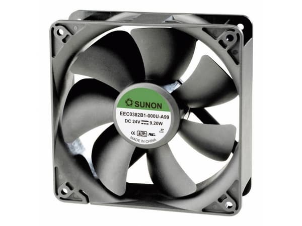 SUNON EEC0381B1-000U-A99, Tuuletin, 12 cm, 3100 rpm, 48 dB, 138 kubikfod/min., Sort