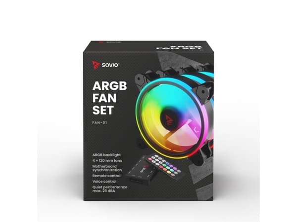Savio FAN-01 4-pack 120mm ARGB fan including controller and remote control, Fan, 12 cm, 1200 RPM, 25 sone, Svart