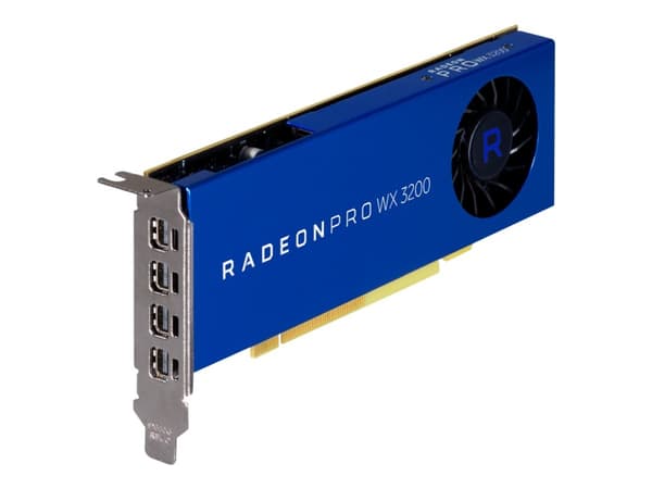 AMD Radeon Pro WX 3200 - Grafikkort - Radeon Pro WX 3200 - 4 GB GDDR5 - PCIe 3.0 x16 lav profil - 4 x Mini DisplayPort Blå, Rustfritt stål