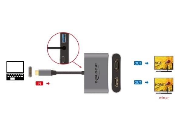 Delock - Extern videoadapter - USB-C - HDMI, VGA - grå - detaljhandel