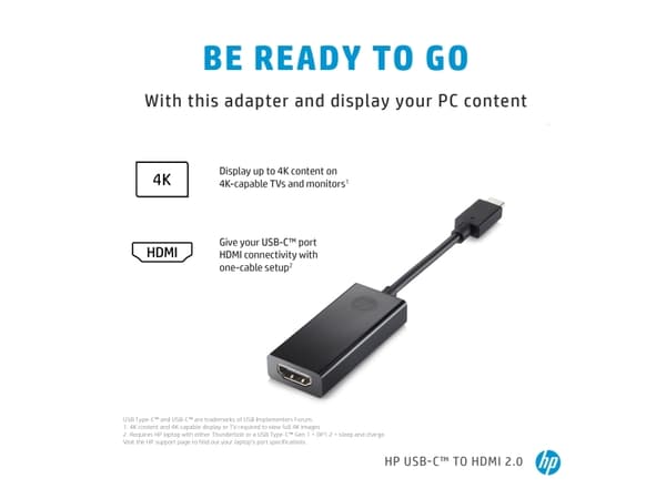 HP - Videoadapteri - 24 pin USB-C han til HDMI hun - 4K-tuki - HP 22, 24; Chromebook 14, 15; ENVY 27, 32; ENVY Laptop 13, 17; Pavilion Laptop 14, 15