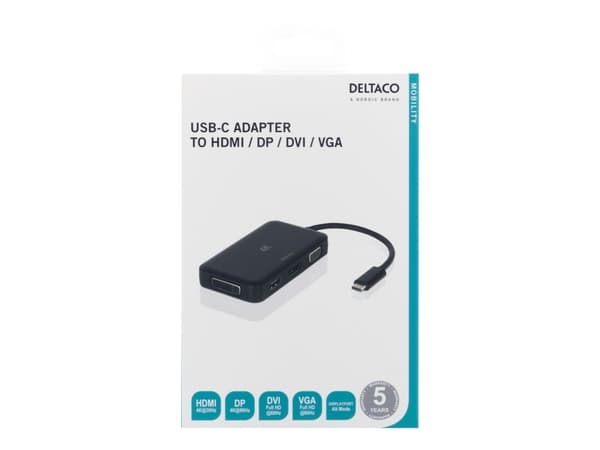 DELTACO USBC-MULTI - Extern videoadapter - USB-C 3.1 - DisplayPort, DVI, HDMI, VGA - svart