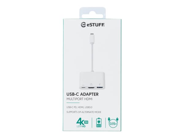 eSTUFF USB-C AV Multiport Adapter, USB 3.2 Gen 1 (3.1 Gen 1) Type-C, HDMI, 5000 Mbit/s, 3840 x 2160 pikseliä, Valkoinen, ABS-synteettinen