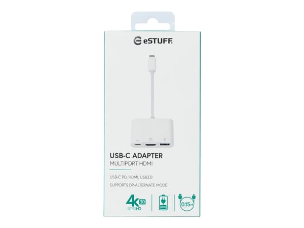 eSTUFF USB-C AV Multiport Adapter, USB 3.2 Gen 1 (3.1 Gen 1) Type-C, HDMI, 5000 Mbit/s, 3840 x 2160 pikseliä, Valkoinen, ABS-synteettinen