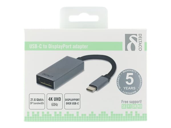DELTACO USBC-DP2 - Extern videoadapter - USB-C - DisplayPort - rymdgrå
