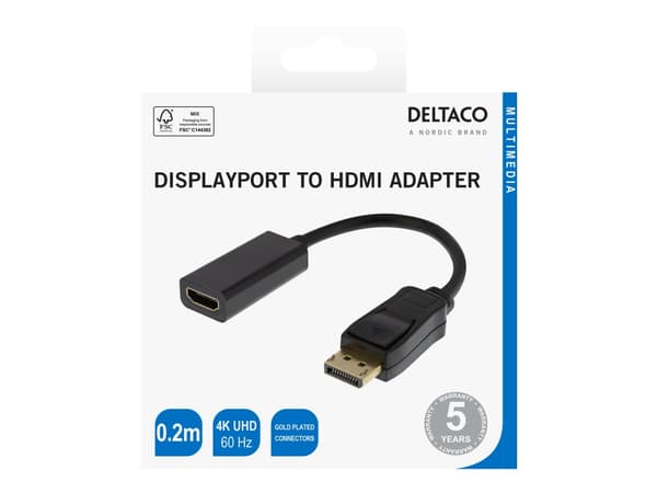 DELTACO - Video adapter - DisplayPort hann til HDMI hunn - 20 cm - svart - 4K 60Hz støtte