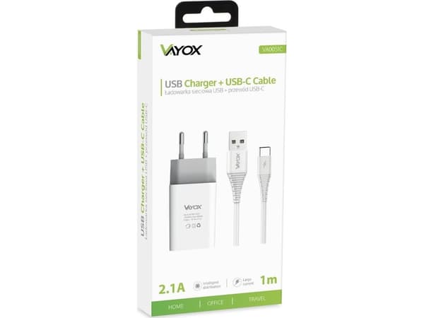 Vayox-lader USB-lader 5V 2.1A + USB type C-kabel 1m VA0051C Vayox
