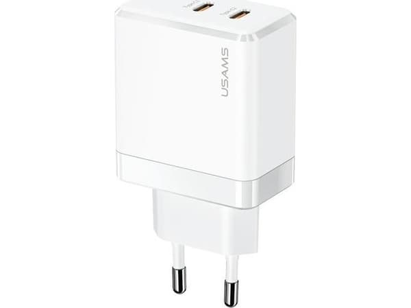 Lader Usams Lader koblet til nettverket USAMS 2xUSB-C T54 40W PD Hurtiglading hvit/hvit (US-CC172)