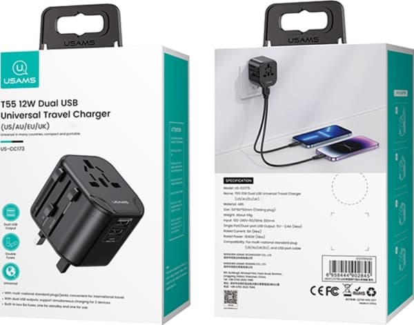 Usams Lader USAMS Vegglader 2xUSB T55 12W universaladapter 4in1 US/AU/EU/UK svart CC173TC01 (US-CC173)