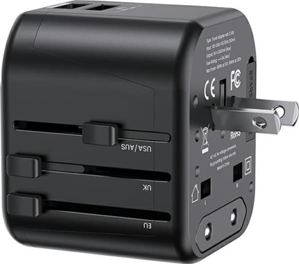 Usams Lader USAMS Vegglader 2xUSB T55 12W universaladapter 4in1 US/AU/EU/UK svart CC173TC01 (US-CC173)