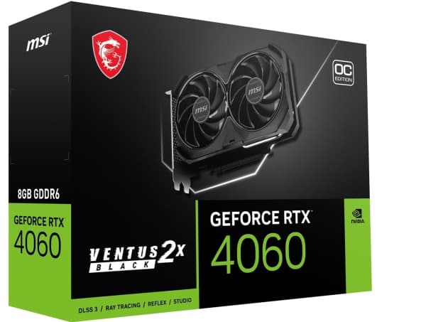 MSI GeForce RTX 4060 VENTUS 2X BLACK 8G OC - Grafikkort - GeForce RTX 4060 - 8 GB GDDR6 - PCIe 4.0 x8 - HDMI, 3 x DisplayPort - boks