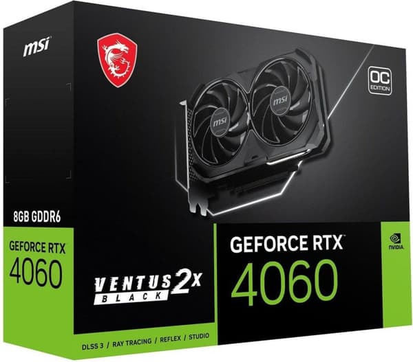 MSI GeForce RTX 4060 VENTUS 2X BLACK 8G OC - Näytönohjaimet - GeForce RTX 4060 - 8GB GDDR6 - PCIe 4.0 x8 - HDMI, 3 x DisplayPort - Box (V516-004R)