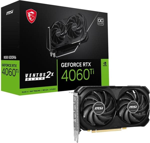 MSI GeForce RTX 4060 Ti VENTUS 2X SVART 8G OC - Grafikkort - GeForce RTX 4060 Ti - 8GB GDDR6 - PCIe 4.0 x8 - HDMI, 3 x DisplayPort - Svart (V515-017R)