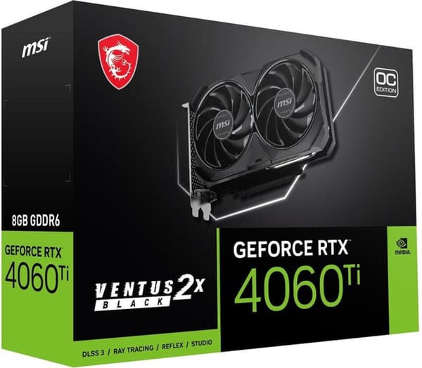 MSI GeForce RTX 4060 Ti VENTUS 2X SVART 8G OC - Grafikkort - GeForce RTX 4060 Ti - 8GB GDDR6 - PCIe 4.0 x8 - HDMI, 3 x DisplayPort - Svart (V515-017R)