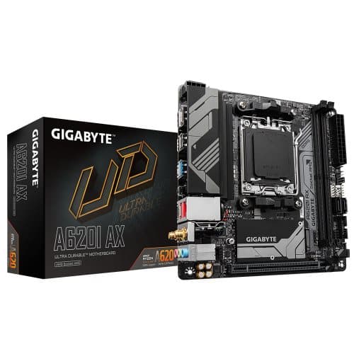 Gigabyte | A620I AX 1.0 | Processor family AMD | Processor socket AM5 | DDR5 DIMM | Supported hard disk drive interfaces SATA, M.2 | Number of SATA co