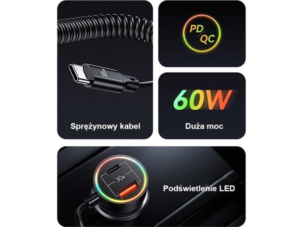 Usams Lader Billader med fjærkabel USAMS 2xUSB-C 1xUSB-A C33 60W svart CC167CC01 (US-CC167)