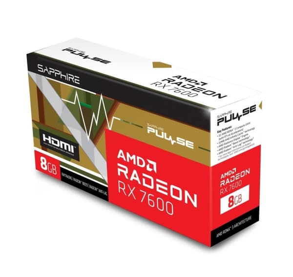 Näytönohjain Sapphire AMD Radeon rx 7600 (8 gb, gddr6, 128 bittiä, pcie 4.0 8x, kaksipaikkainen tuuletin, 1xhdmi, 3xnäyttöportti)