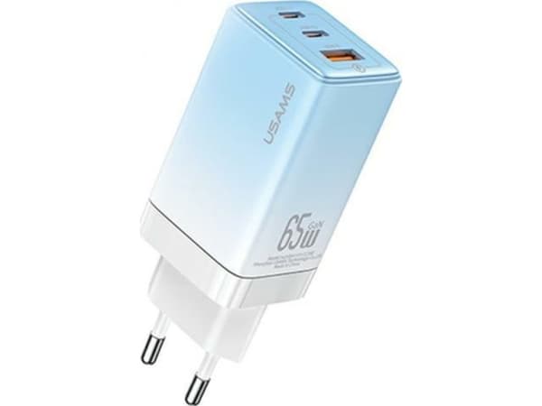 Usams USAMS Laddare 2xUSB-C+1xUSB 65W (endast huvud) GaN PD3.0 +QC3.0 Snabbladdning blå/gradientblå Sandru Series CC180TC04 (US-CC180)