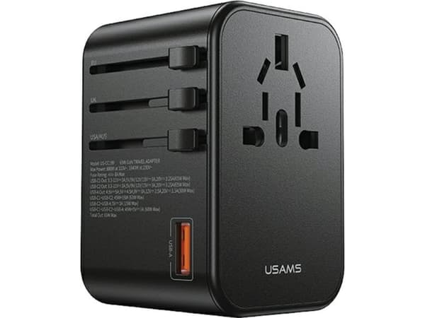 Usams USAMS-lader Adapternettverk 1xUSB+2xUSB-C T62 65W 4in1 US/AU/EU/UK svart/svart CC199TC01 (US-CC199) Univesal reiselader