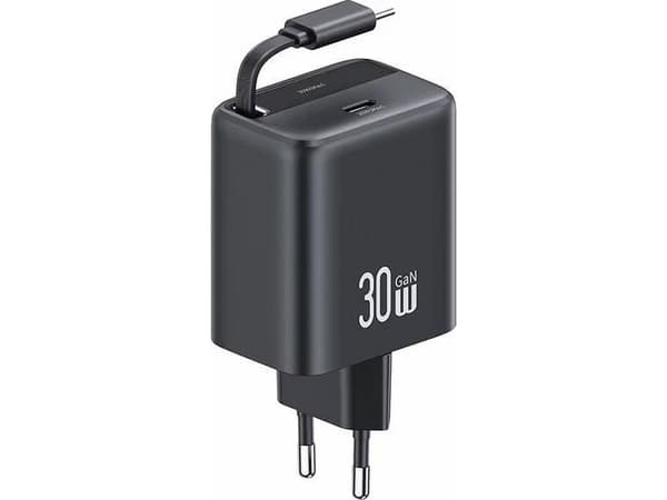 USAMS Charger 1xUSB-C with retractable USB-C Retractable PD+QC 30W Gan Fast Charging black