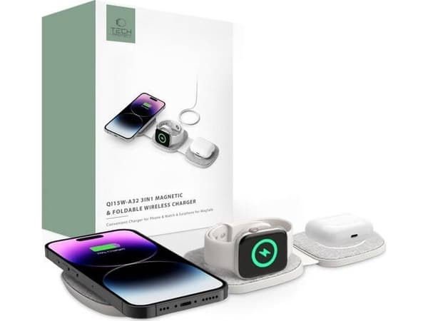 Tech-Protect langaton laturi QI15W-A32 3in1 magneettinen magneettinen langaton laturi harmaa + USB-C / USB-C kaapeli 120cm