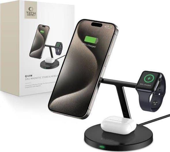 Ładowarka Tech-Protect TECH-PROTECT QI15W-A35 3IN1 MAGNETIC MAGSAFE WIRELESS CHARGER BLACK