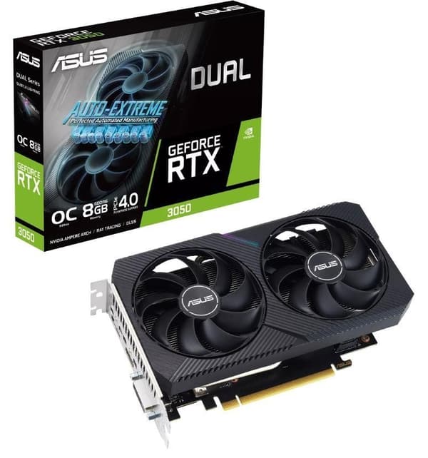 Grafikkort Nvidia Geforce rtx 3050 (8 gb, gddr6, 128 bitar, PCie 4.0 16x, dual slot fansink, 1xdvi-d, 1xhdmi), Asus Svart