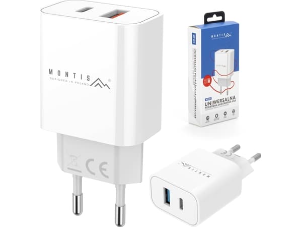 Montis-lader RASK NETTVERKSLADER FOR SMARTPHONE 20W STRØMFORSYNING 3A PD QC3.0