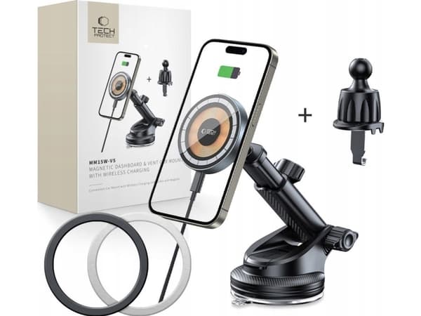 Ładowarka Tech-Protect TECH-PROTECT MM15W-V5 MAGNETIC MAGSAFE DASHBOARD & VENT CAR MOUNT WIRELESS CHARGER 15W BLACK