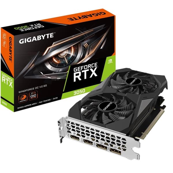 Grafikkort Nvidia geforce rtx 3050 (6 gb, gddr6, 96 bit, pcie 4.0 16x, hukommelse 14000 mhz, gpu 1477 mhz, 2xhdmi), Gigabyte Sort, Sølv