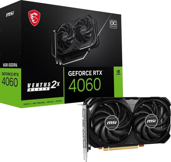 MSI GeForce RTX 4060 VENTUS 2X SVART 8G OC - Grafikkort - GeForce RTX 4060 - 8GB GDDR6 - PCIe 4.0 x8 - HDMI, 3 x DisplayPort - Box (V516-004R)
