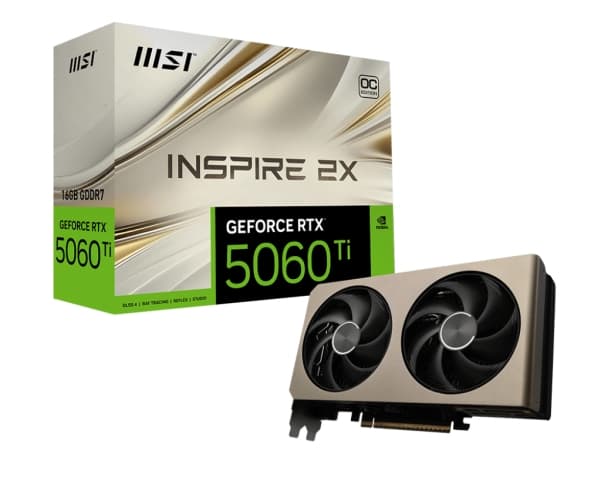 MSI GeForce RTX™ 5060 Ti 16G INSPIRE 2X OC, GeForce RTX 5060 Ti, 16 GB, GDDR7, 128 bit, 7680 x 4320 pixels, PCI Express x16 5.0