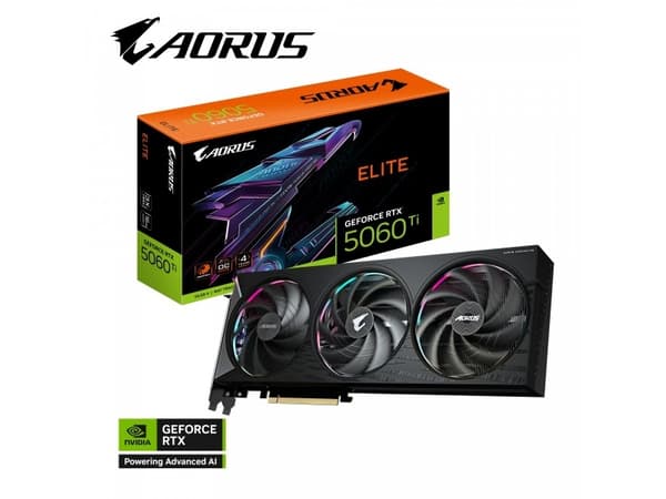 GIGABYTE AORUS GeForce RTX 5060 Ti ELITE 16G, GeForce RTX 5060 Ti, 16 GB, GDDR7, 128 bit, 7680 x 4320 pixlar, PCI Express x16 5.0 Svart