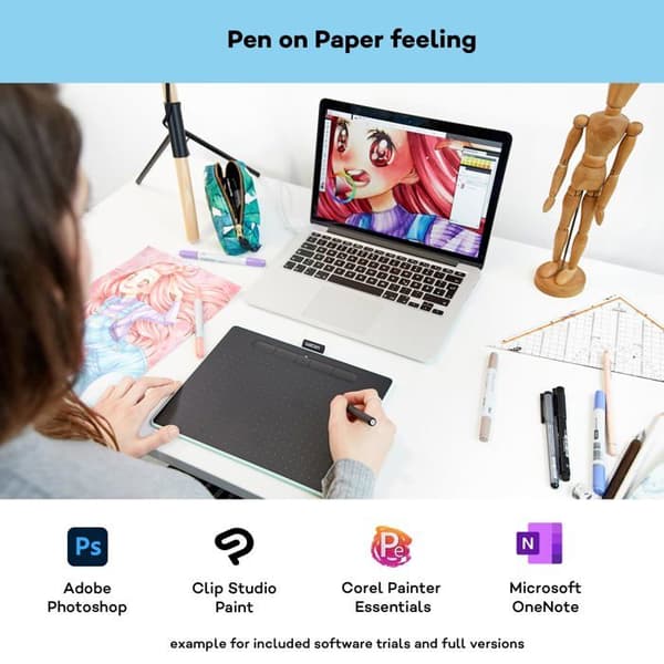 Wacom Intuos M Bluetooth, trådbundet och trådlöst, 216 x 135 mm, USB-Bluetooth, 7 mm, Penna, 0,25 mm