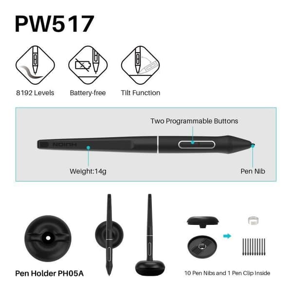 HUION Kamvas 13 grafikplatta med 13,3 tums skärmbildskärm 120 % sRGB-omfång med PW517 batterifri penna
